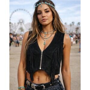 Boot Country Black Genuine Leather Fringe Vest Womens L Western Biker Zip Front